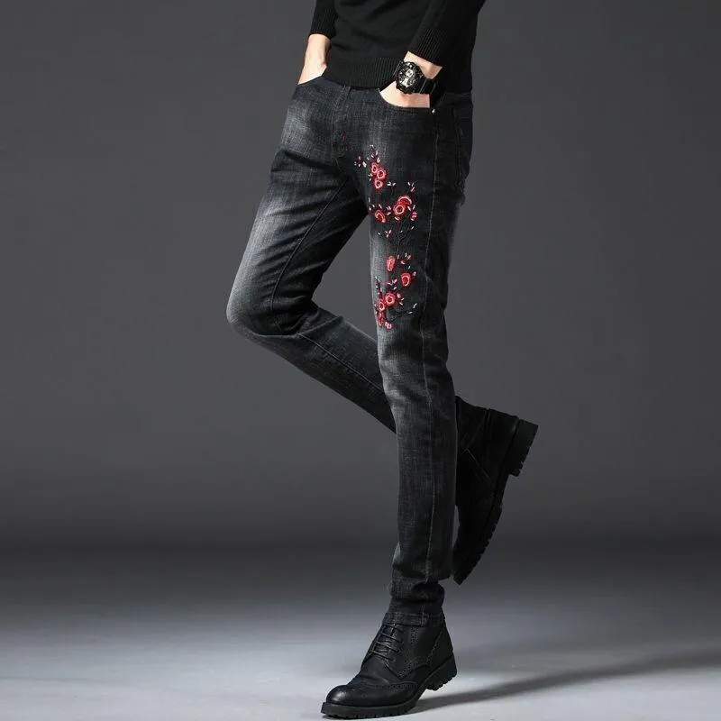 Men’s Dragon Embroidery Slim Fit Jeans