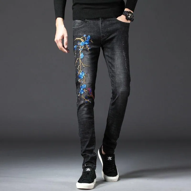 Men’s Dragon Embroidery Slim Fit Jeans