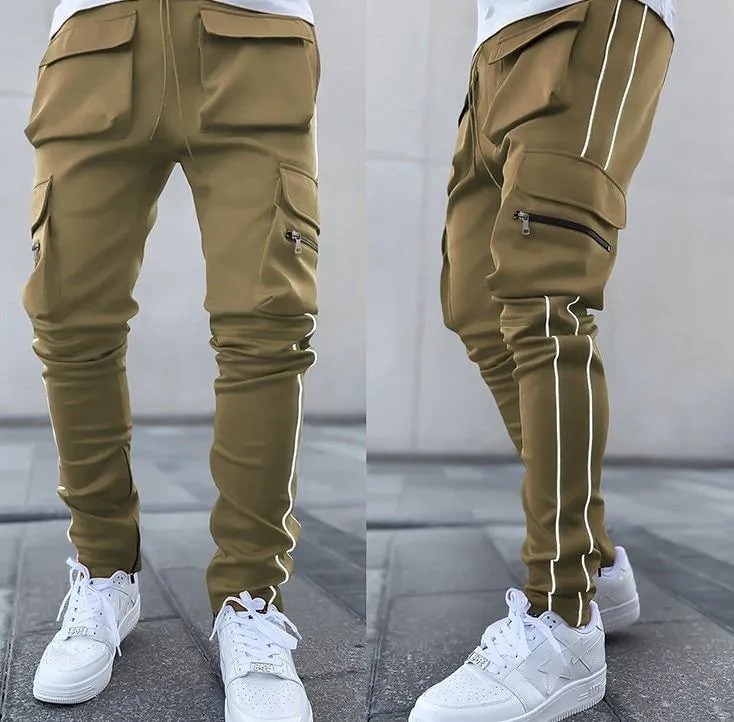 Men's Streetwear Multi-Pocket Cargo Pants W/ Reflective Lines