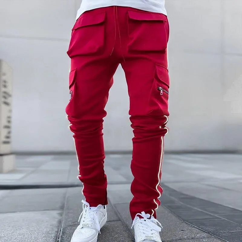 Men's Streetwear Multi-Pocket Cargo Pants W/ Reflective Lines