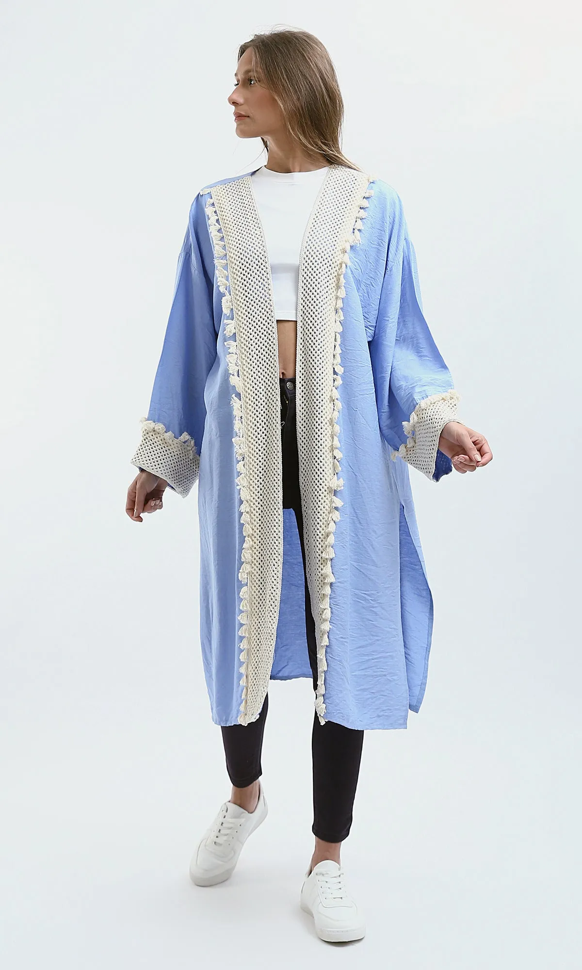 O178806 Crochet Neckline Baby Blue Summer Cardigan