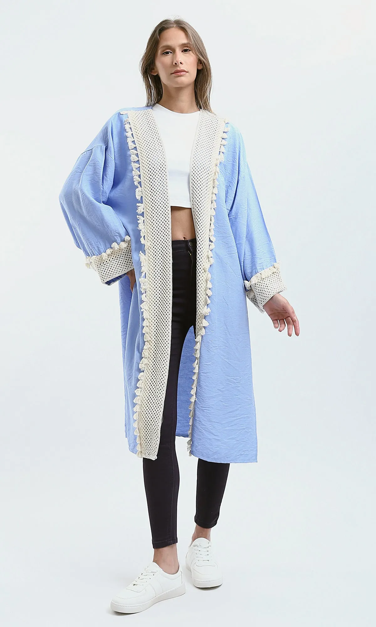 O178806 Crochet Neckline Baby Blue Summer Cardigan