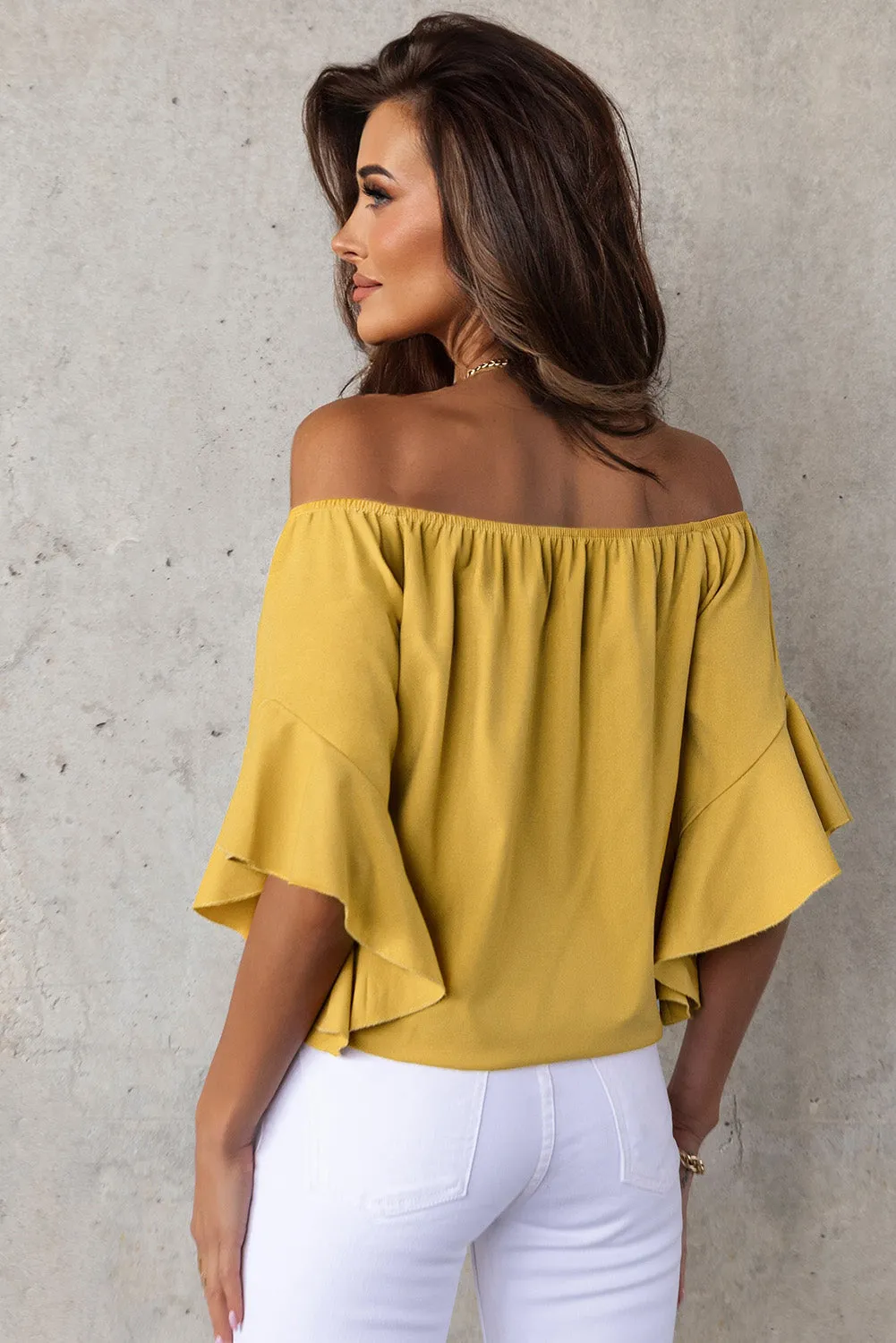 Off Neck Chiffon Lace up Pullover Top