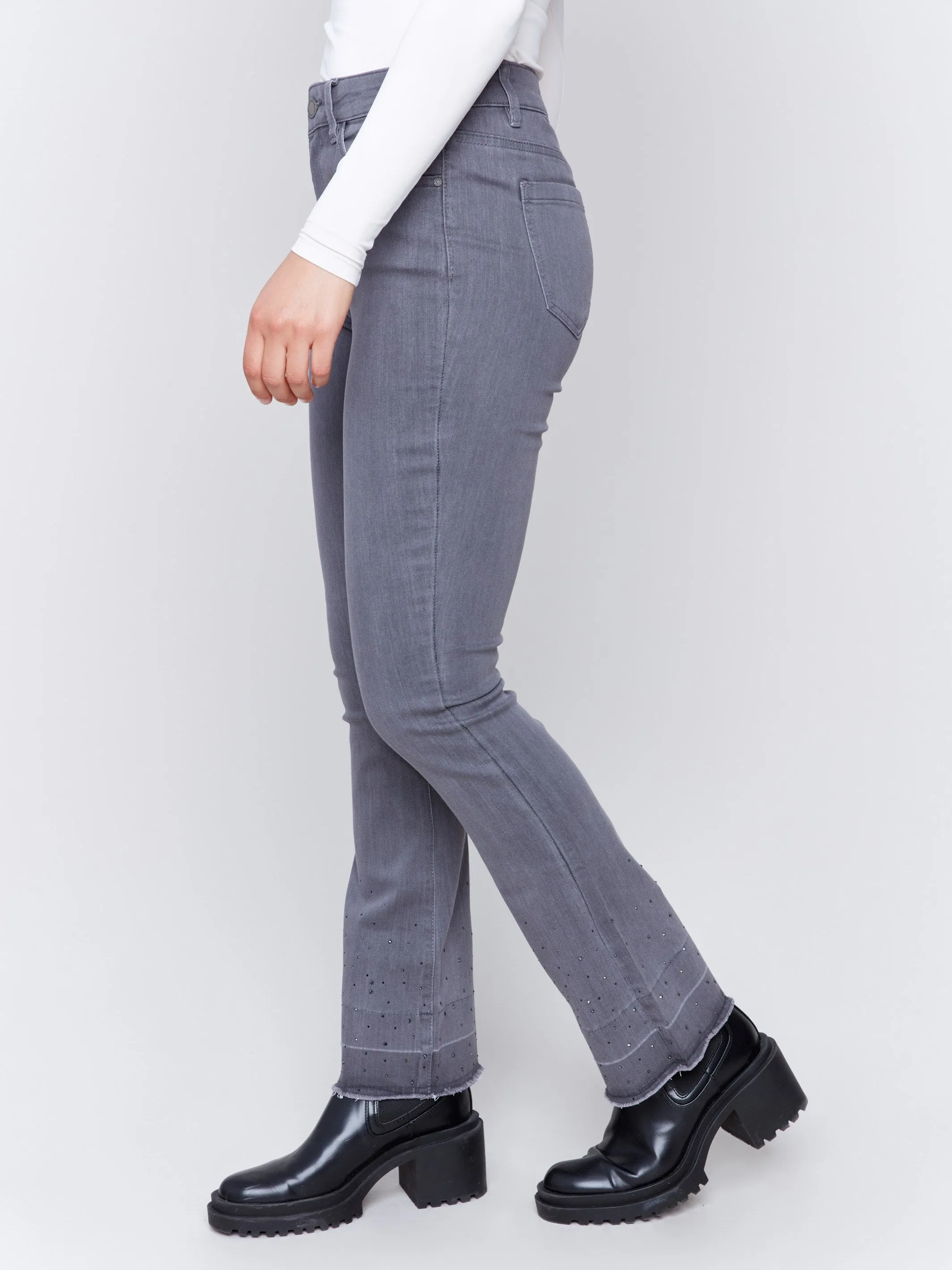 Ombre Hem Flare Jeans With Studs - Medium Grey