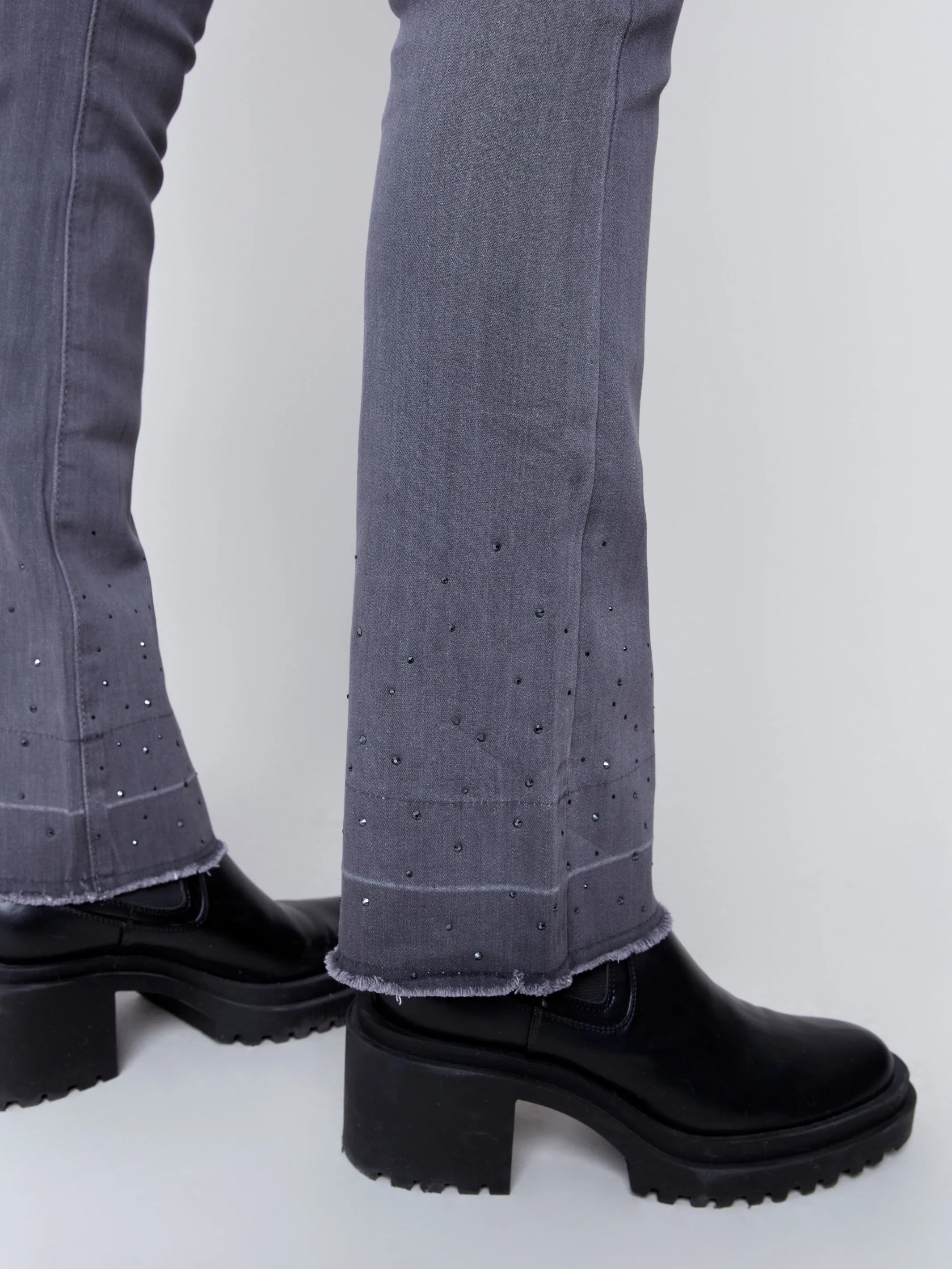 Ombre Hem Flare Jeans With Studs - Medium Grey