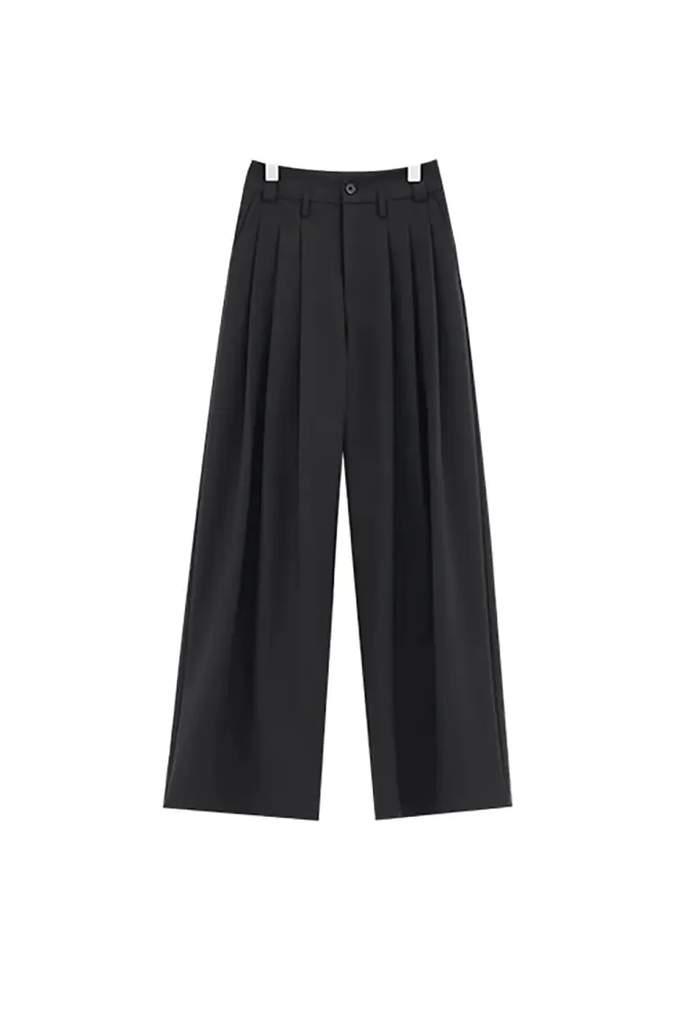 One-Button Loose Pleated Wide-Leg Pants