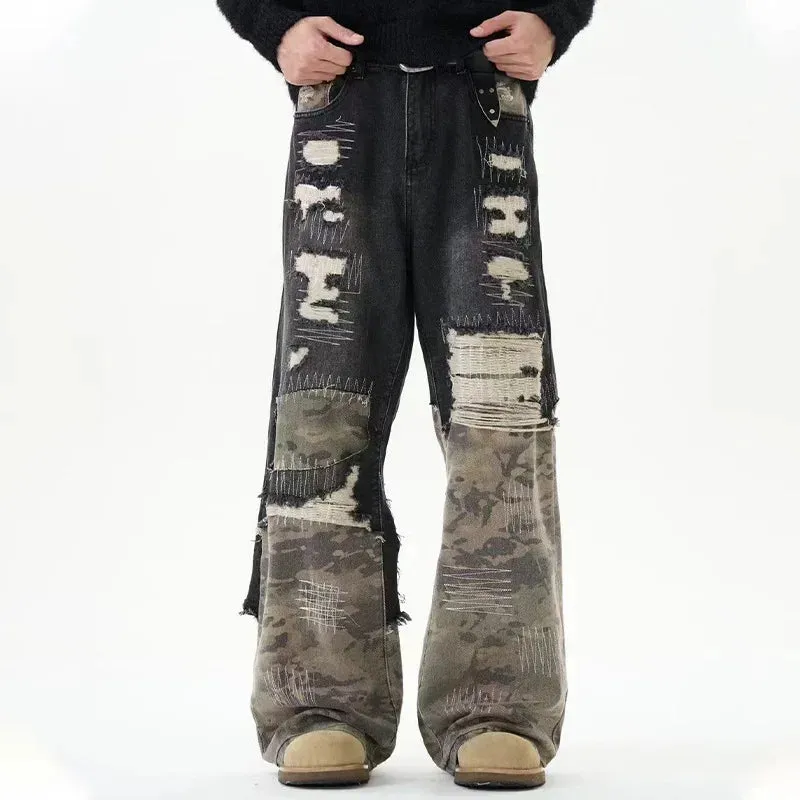 Patchwork Camouflage Worn-Out Straight Jeans