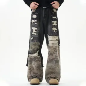 Patchwork Camouflage Worn-Out Straight Jeans