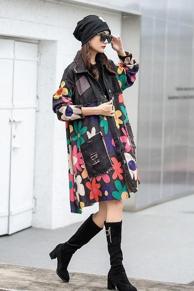 Printed spliced denim lapel  jacket
