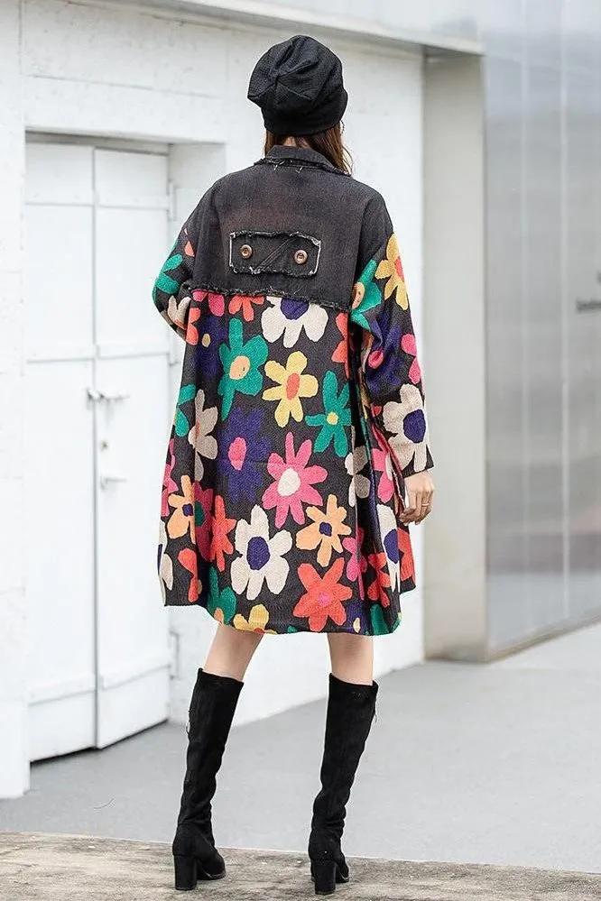 Printed spliced denim lapel  jacket