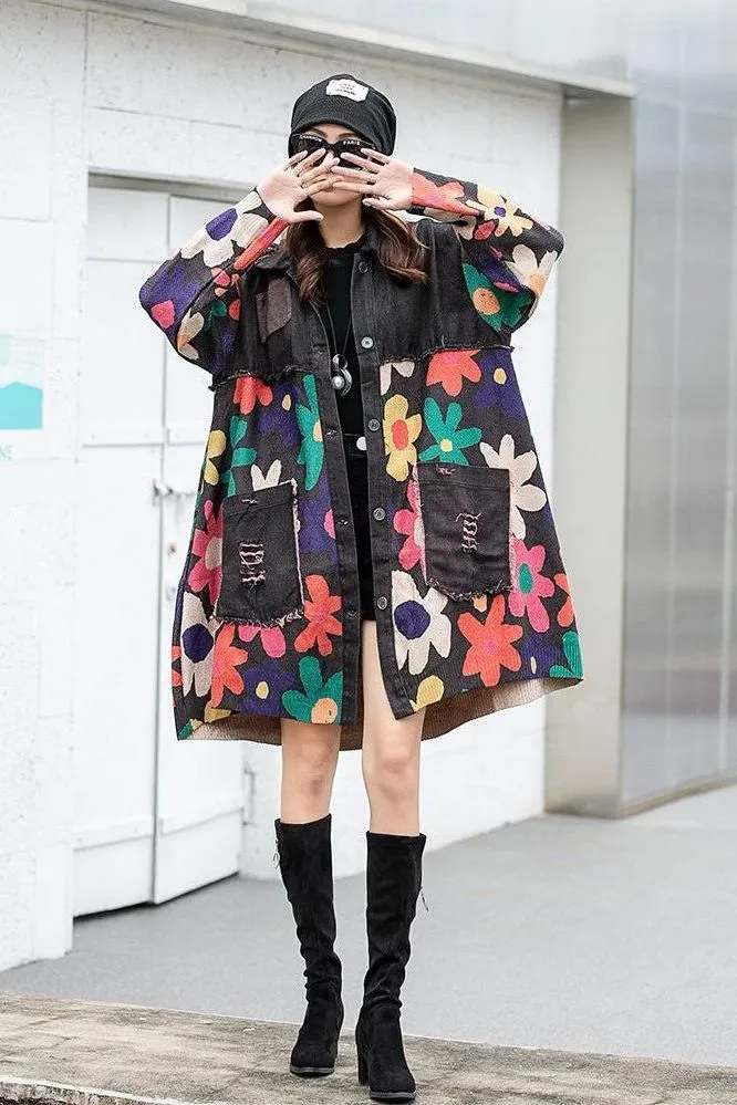 Printed spliced denim lapel  jacket