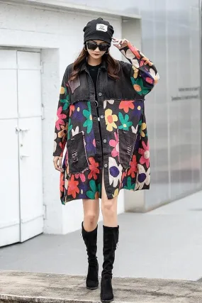 Printed spliced denim lapel  jacket