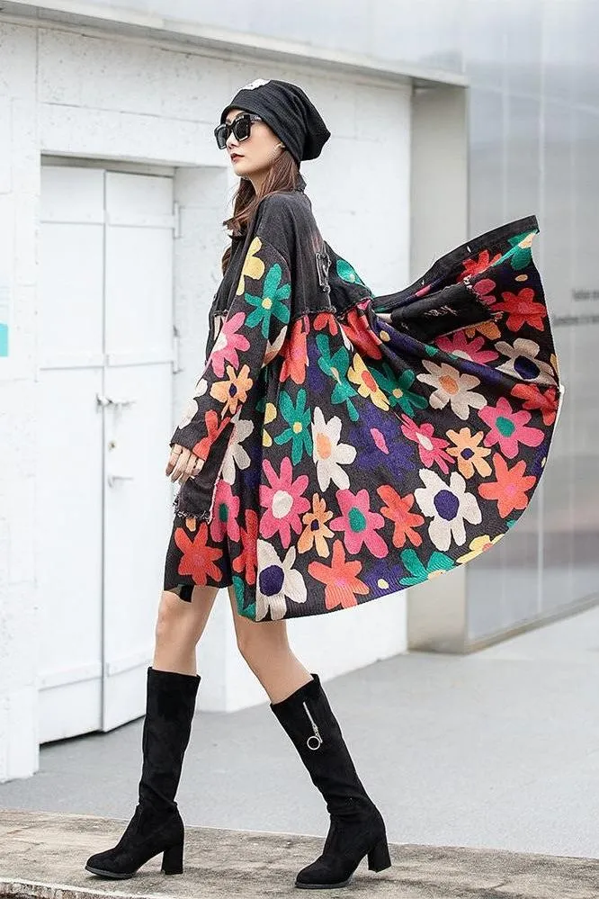 Printed spliced denim lapel  jacket
