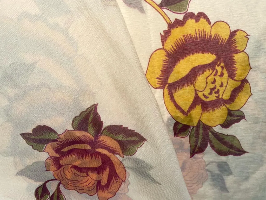 Silk chiffon printed  fabric yellow/peach  floral  44" wide [15469]