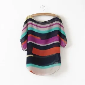 ST08 fashion Women Striped chiffon blouse Multi-colour print  shirts Loose Short Sleeve casual blusas femininas plus tops S-XXL