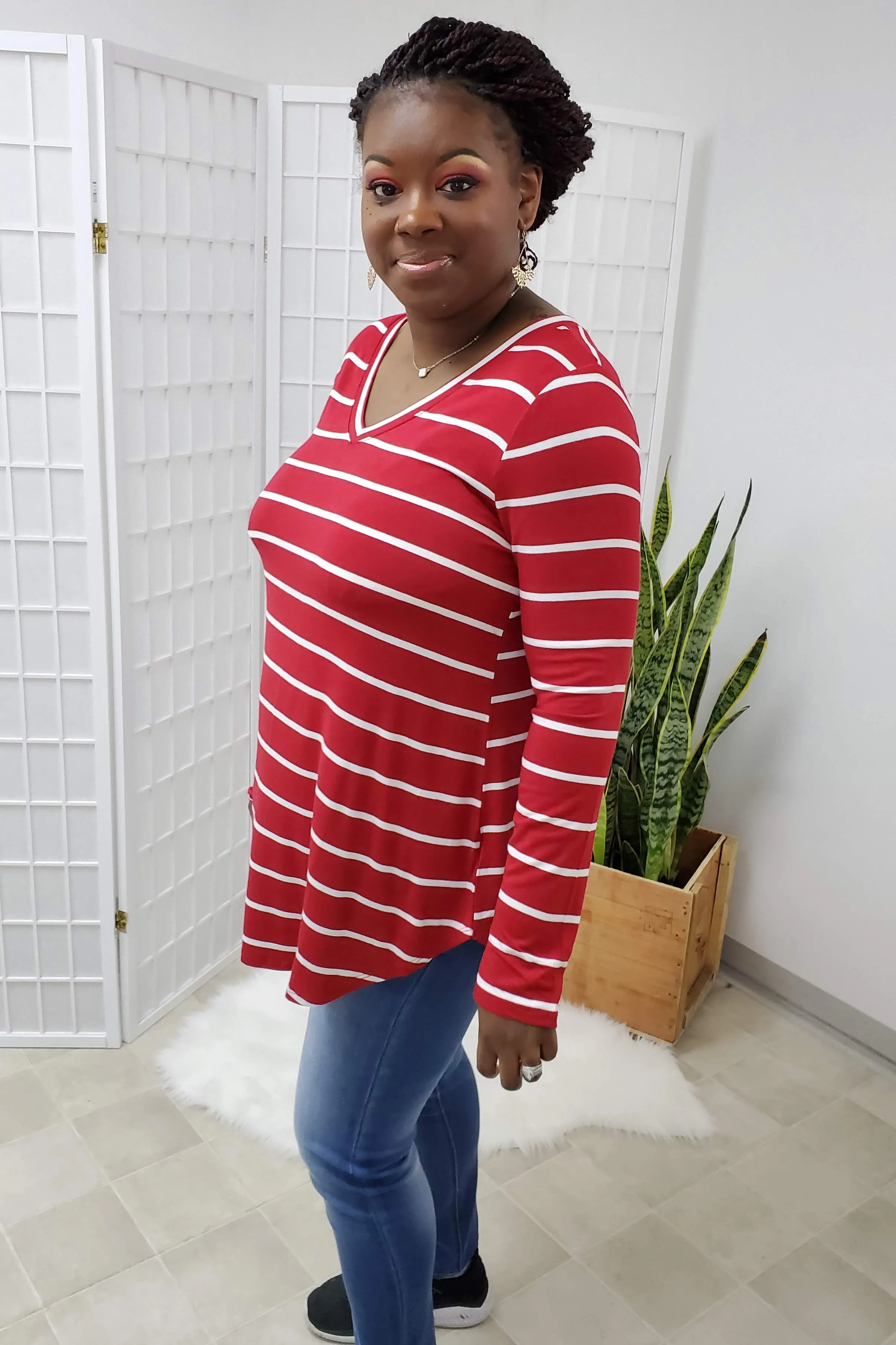 Trista Dark Red Ivory Striped Top