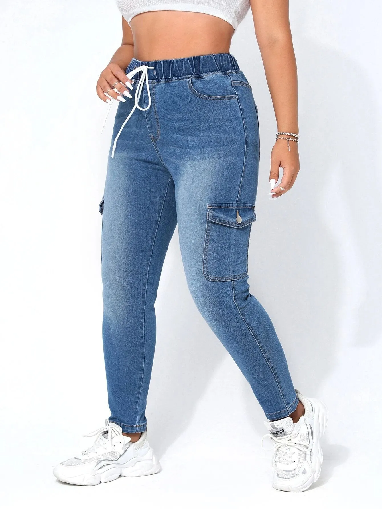 Versatile Drawstring Waist Cargo Jeans