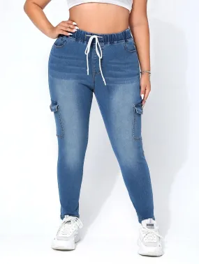 Versatile Drawstring Waist Cargo Jeans