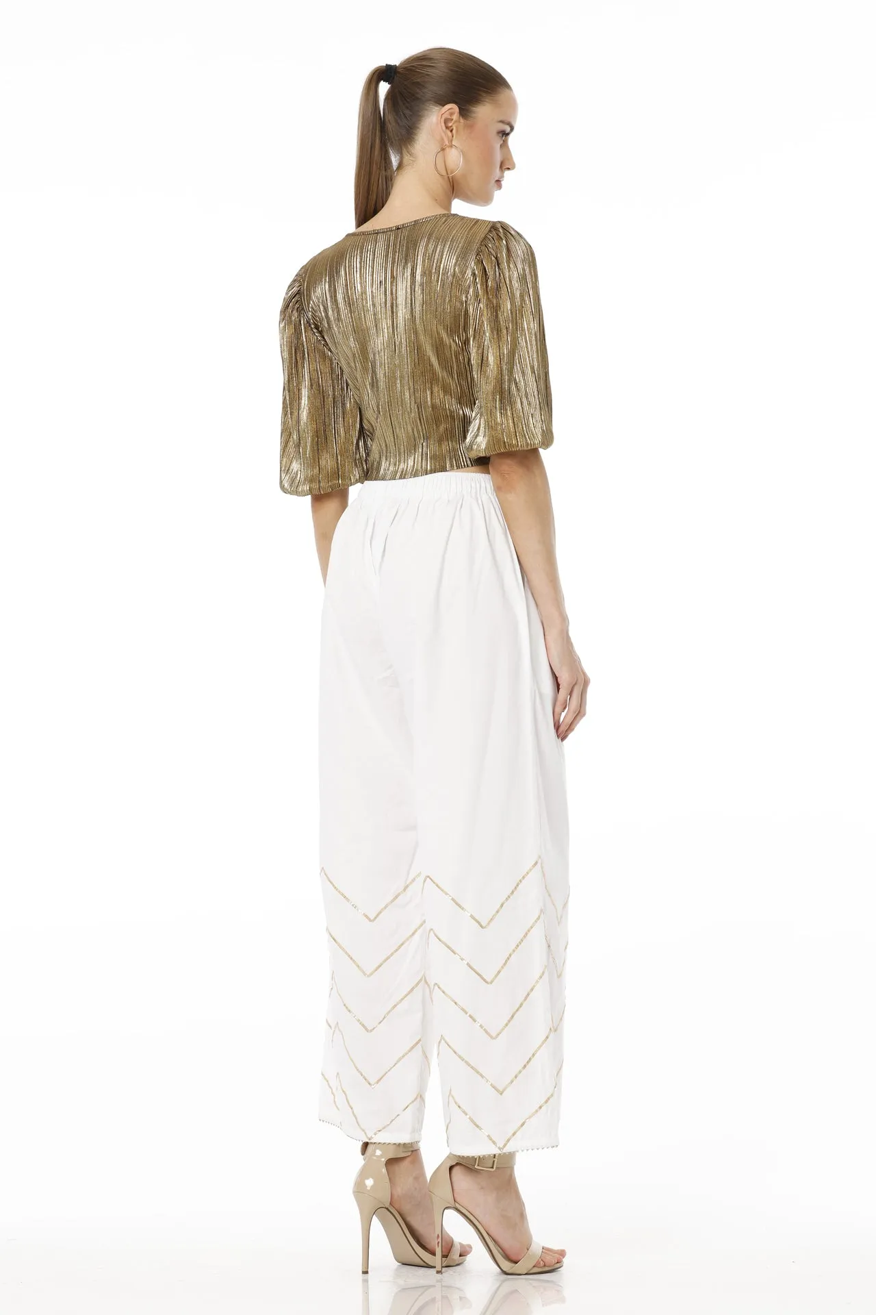 White & Gold Solid Pant