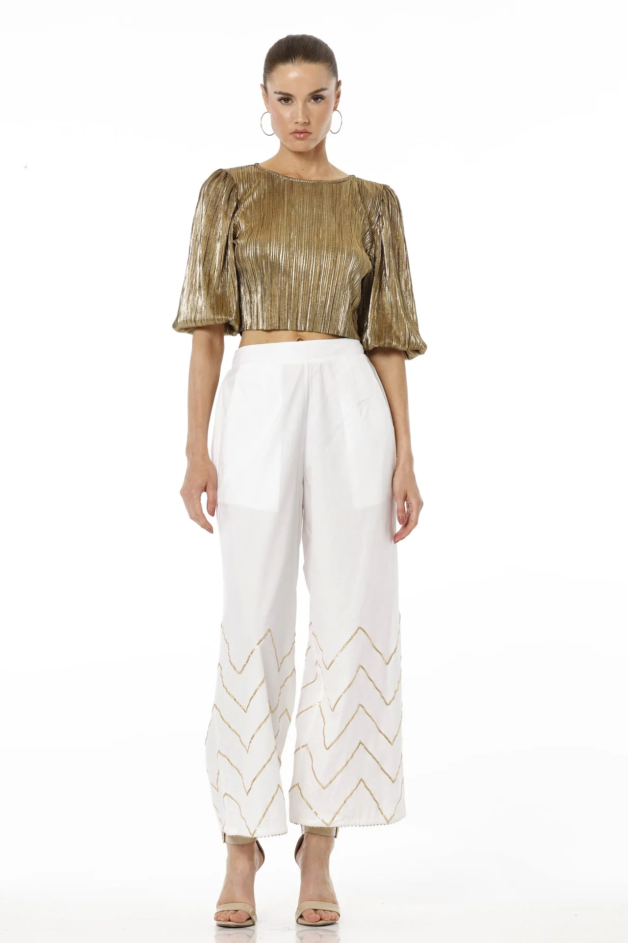 White & Gold Solid Pant