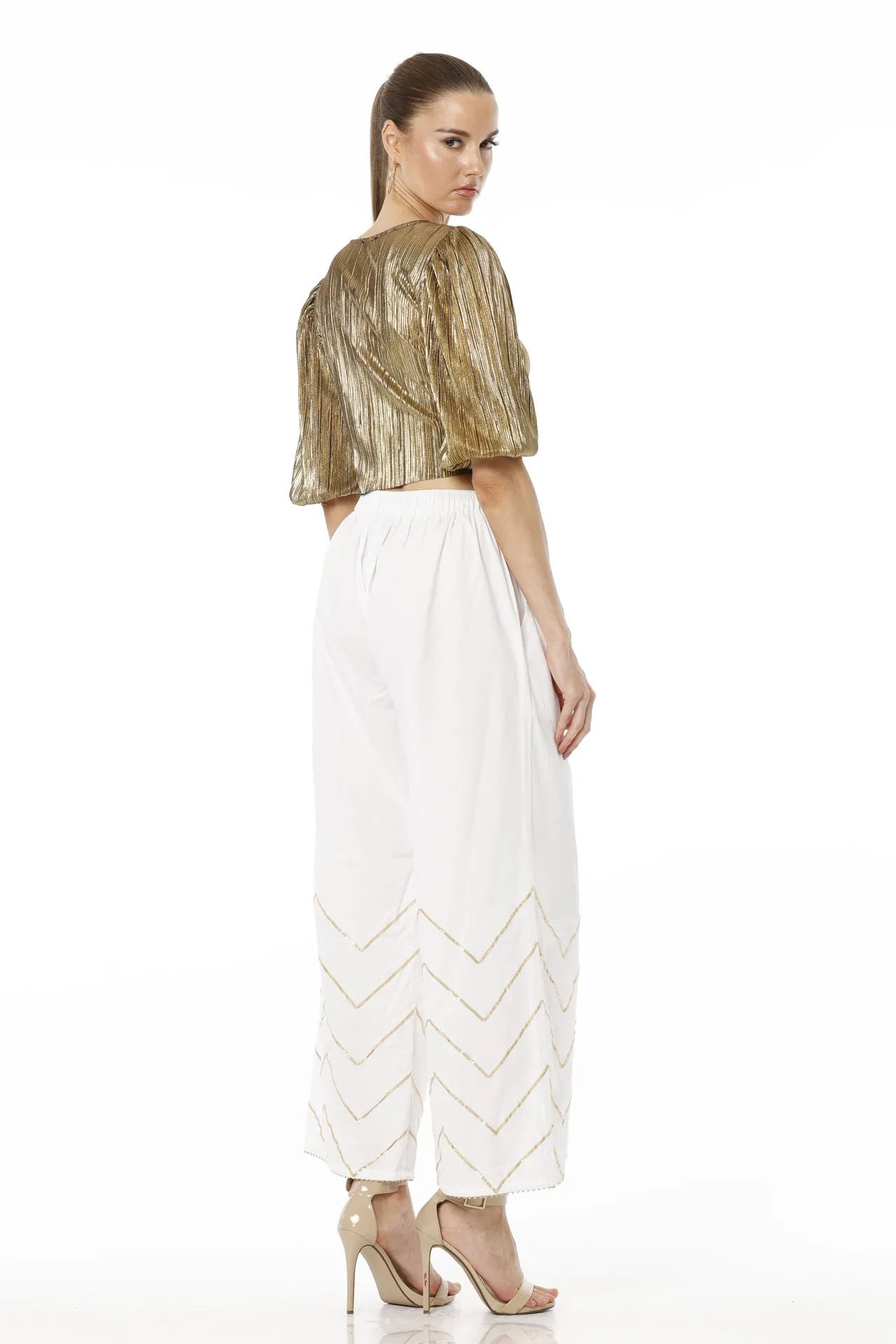 White & Gold Solid Pant