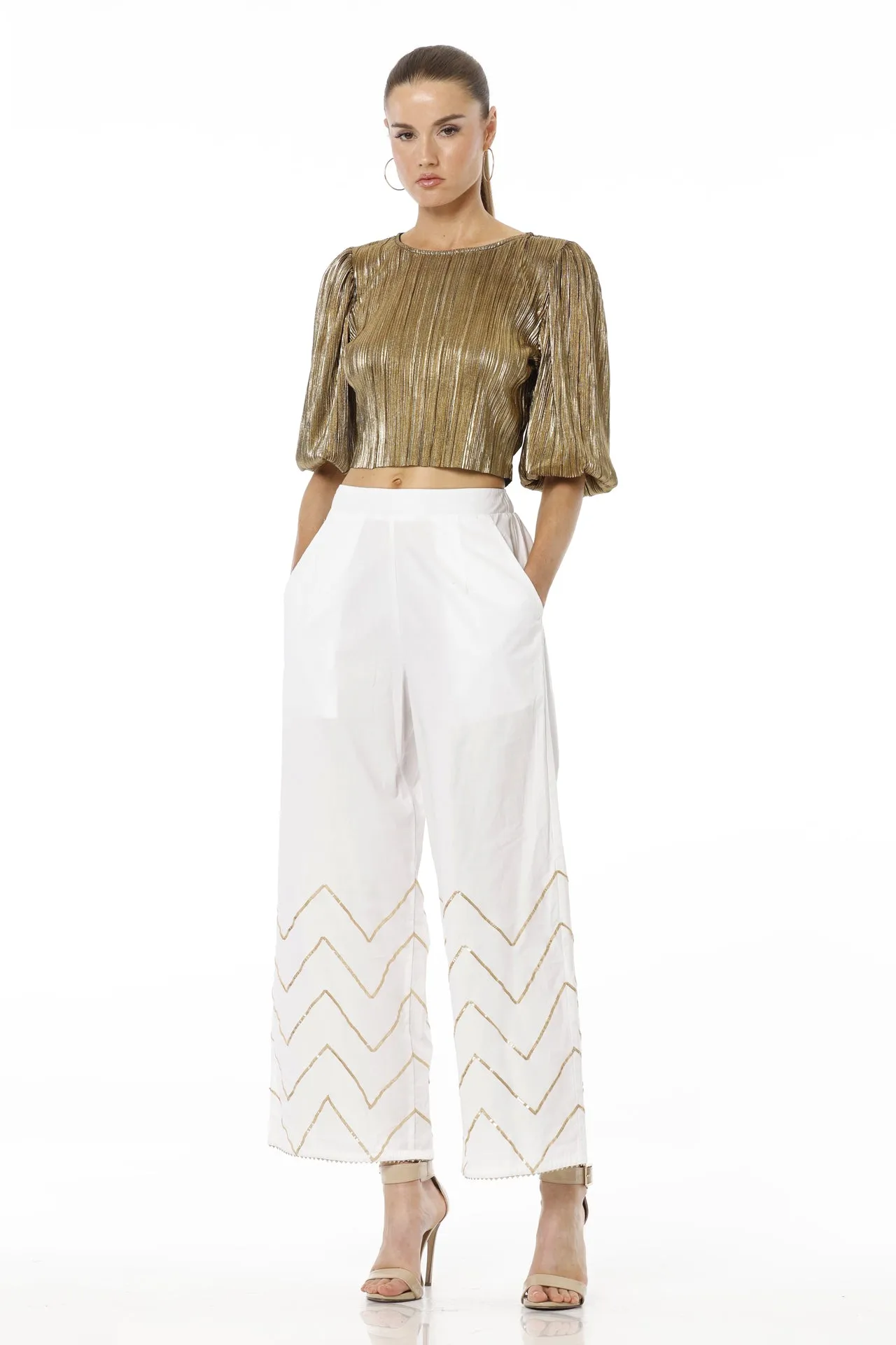 White & Gold Solid Pant