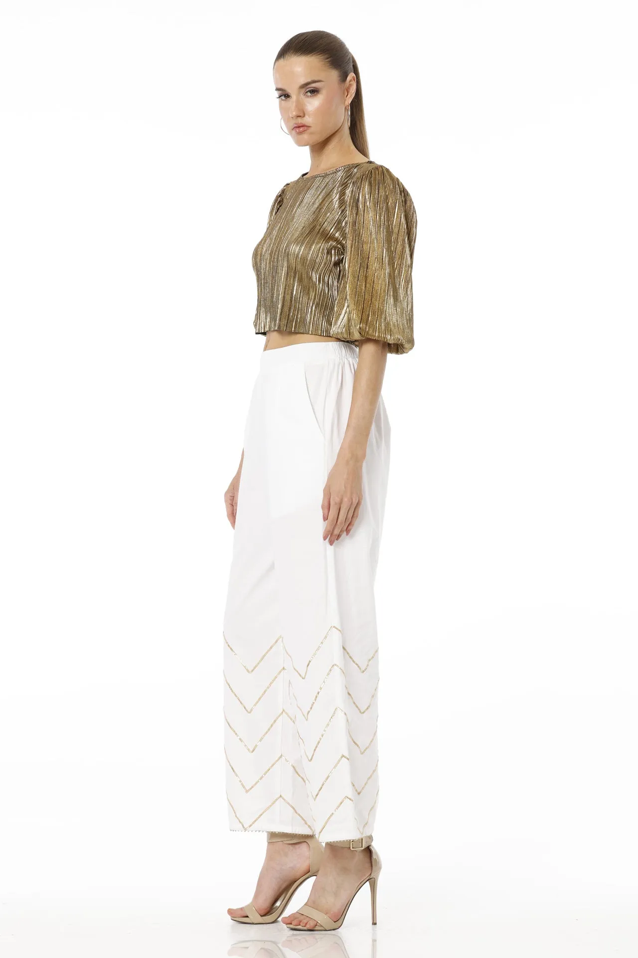 White & Gold Solid Pant