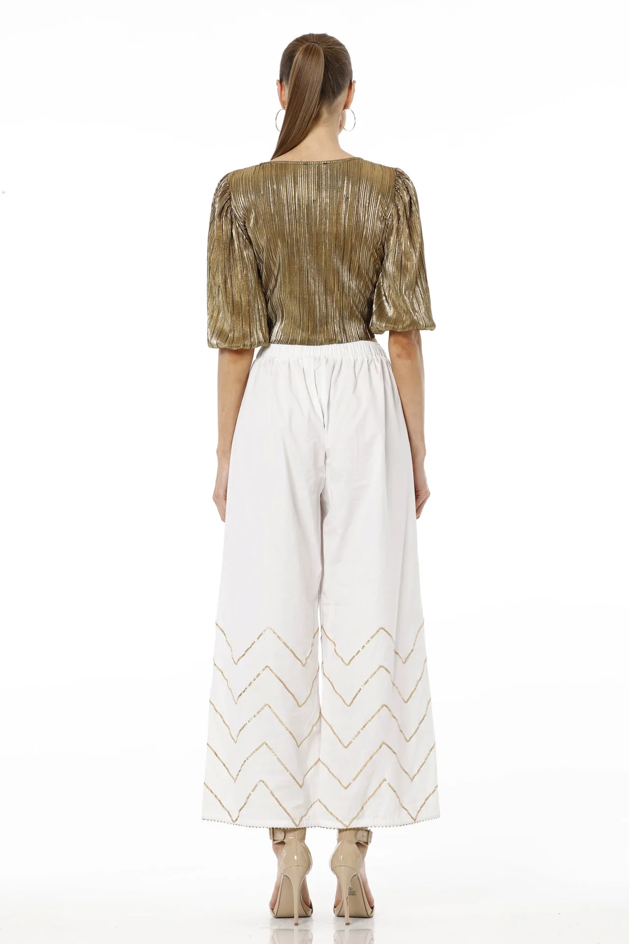 White & Gold Solid Pant