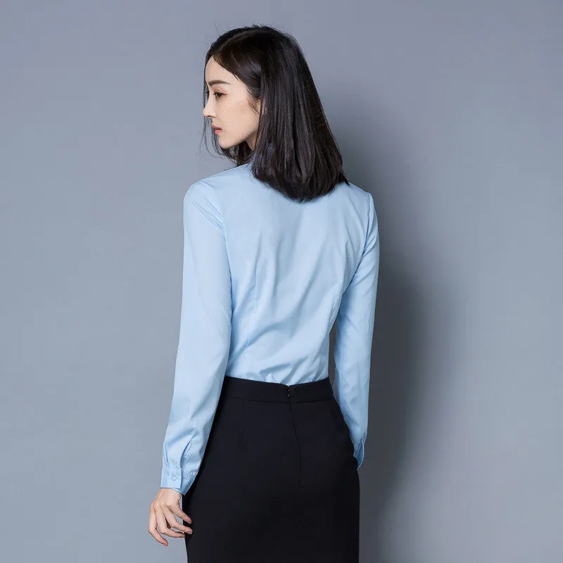 White Blouse Long Sleeved Korean Slim Look Light Blue Plus Size Blouse