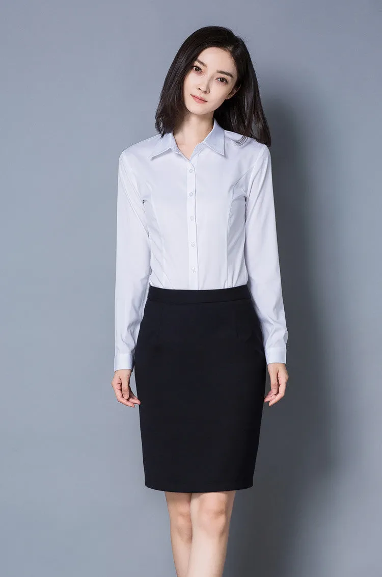 White Blouse Long Sleeved Korean Slim Look Light Blue Plus Size Blouse