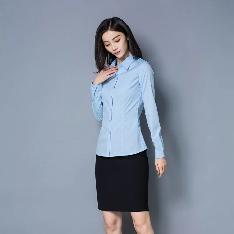 White Blouse Long Sleeved Korean Slim Look Light Blue Plus Size Blouse