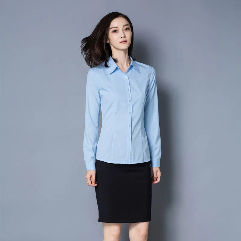 White Blouse Long Sleeved Korean Slim Look Light Blue Plus Size Blouse