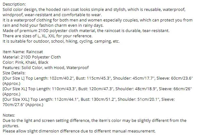 Women Long Raincoat Waterproof Rain Jacket with Hood Solid Color Raincoat Waterproof 210D Polyester Cloth Unisex Rain Jacket