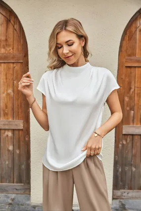 Women Straight Blouse Casual Cap Sleeve Half High Neck Pullover Tops