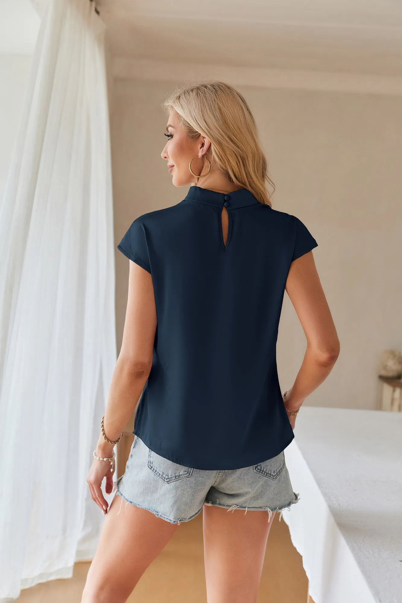 Women Straight Blouse Casual Cap Sleeve Half High Neck Pullover Tops