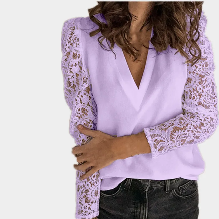 Women's Original Single Stitching Lace Long Sleeve Slim Blouses